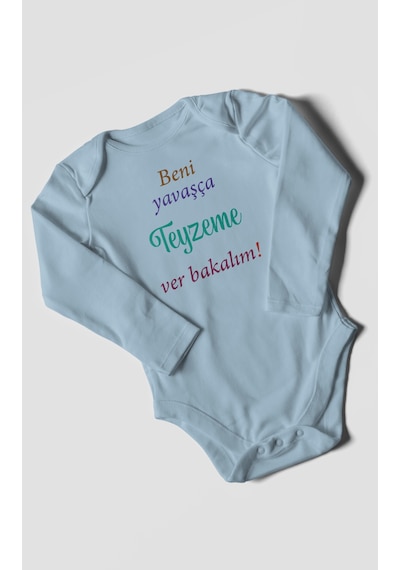 Beni Yavaşça Teyzeme Ver Bakalım Baskılı Bebek Zıbını Çıtçıtlı Body %100 Pamuk Uzun Kol Bebe Mavisi