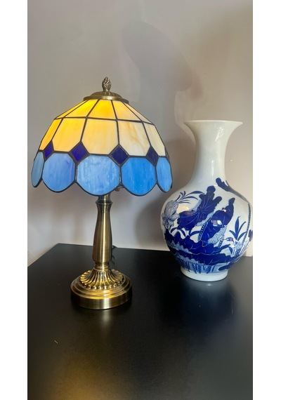 Yüceeller El Yapımı Eskitme Vitray Retro Abajur Masa Lambası Mavi