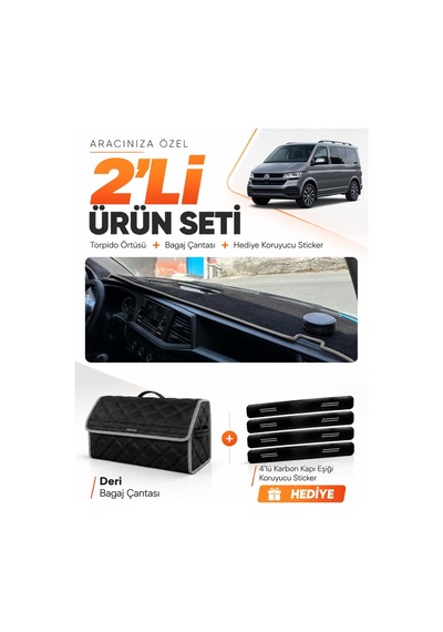 Volkswagen Transporter T7 2021-2024 Uyumlu Torpido Örtüsü + Deri Bagaj Çantası Seti - Siyah Gri