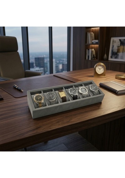 Woodini Gri Flok Kumaş 6'lı Saat Kutusu Yeni Nesil Ergonomik Yastıklı