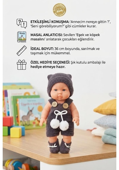Konuşan Ve Masal Anlatan Eğitici Yumuşak Dokulu Kostümlü 36 Cm Kafası Et Oyuncak Bebek