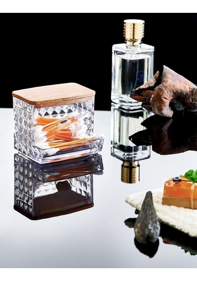 Ahşap Kapak Görünümlü 3'lü Makyaj Organizer Seti Diamond Model Şeffaf
