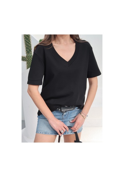 Paw Garage Kadın Massi İnterlok Kumaş V Yaka Oversize T-shirt SIYAH