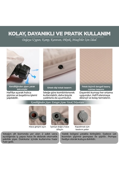Çift Kişilik Kendiliğinden Şişen Kamp Yatağı Entegre Yastıklı, Pompa Hediyeli Taşınabilir Bej