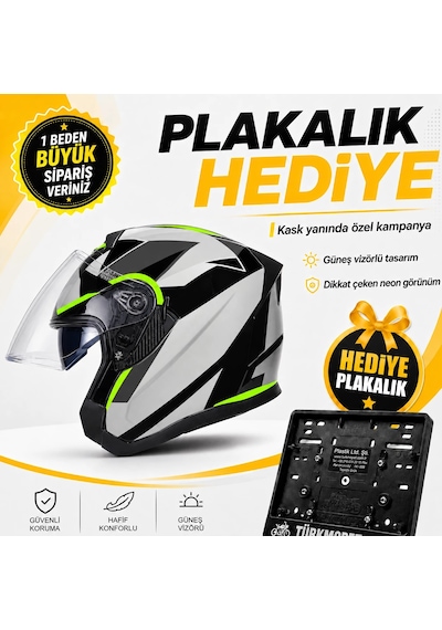 Rhkc Güneş Vizörlü Açık Yazlık Kask + Plakalık Sarı