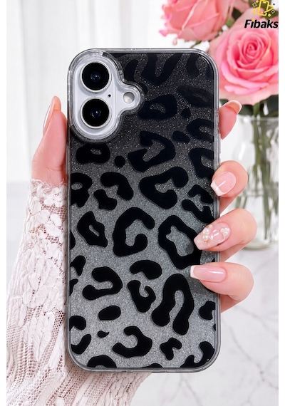 Fibaks iPhone 16 Uyumlu Kılıf Glitter Leopard Şeffaf Simli Leopar Desen Premium Koruma Sert Silikon Siyah