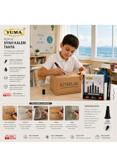 Yuma Tahta Kalem Kesik Uç 3mm Siyah- 12'li Paket