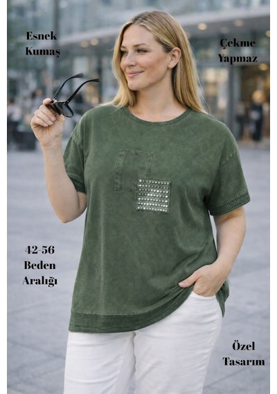 Cedy Denim Cedy - Kadın Özel Tasarım Esnek, Pul Payet, Dantel Detaylı Yıkamalı Büyük Beden Tişört Haki Cedy Denim Cedy - Kadın Özel Tasarım Esnek, Pul Payet, Dantel Detaylı Yıkamalı Büyük Beden Tişört Haki