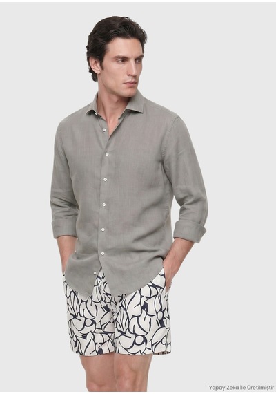 Ramsey Vizon Casual Fit Uzun Dokuma Casual %100 Keten Gömlek