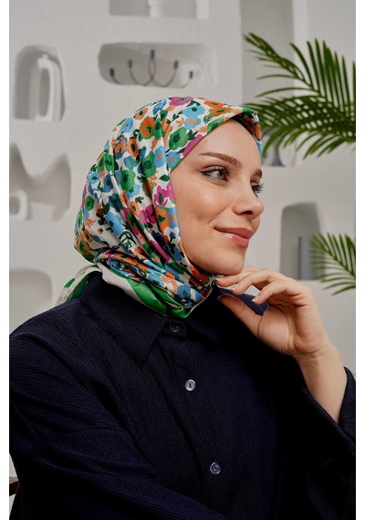 Afvente Çiçek Desen Soft Pamuk Eşarp Yeşil