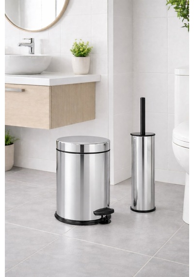 Sas Haus Krom 3 Lü Set 3 Lt Çöp Kovası Wc Fırçası Ve Diş Fırçalık Titan