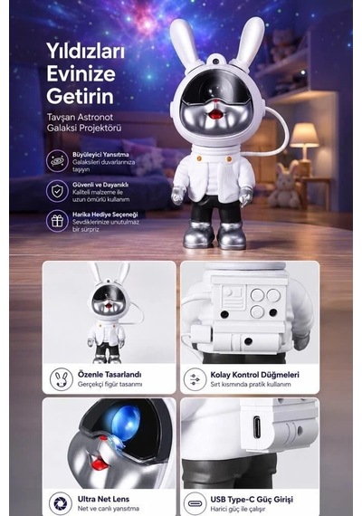 Premium Dekoratif Oda Işığı Aydınlatma Astronot Projektör Galaxy Star Lw39 Beyaz Çok Renkli
