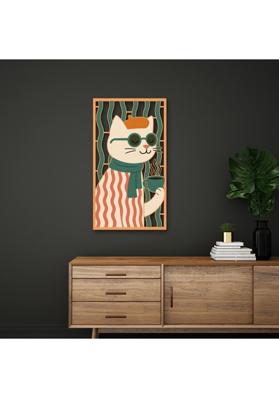 Gözlüklü Kahveci Kedi - Metal Tablo - Dec0329 36 X 65 Cm Çok Renkli