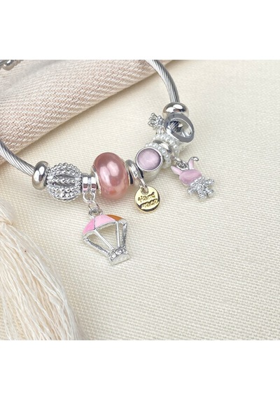 Charm Bileklik Tavşan Uçan Balon Figürlü Çelik Bileklik Gümüş Pembe Gümüş