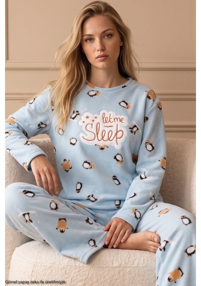 Siyah İnci Mavi Nakışlı Alt-üst Polar Kışlık Örme Pijama Takım 26222130