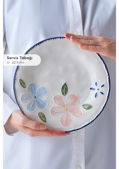 Forever Bone Perla Bloom 28 Parça 6 Kişilik Kahvaltı Takımı Mavi