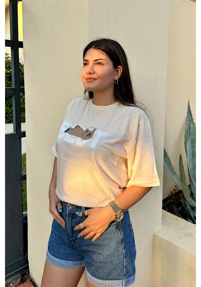 Taş Renk Best Baskı Ayıcık Desenli Unisex Oversize T-shirt Taş