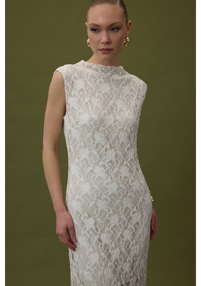 Sateen Dantel Kolsuz Elbise - Bej-137061 Bej
