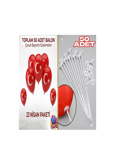 Türk Bayrak Baskılı Ay Yıldızlı Balon 50 Adet Balon Çubuğu 50 Adet 23 Nisan 29 Ekim Bayram Kırmızı Tüm Yaşlar