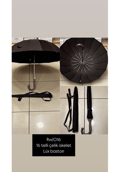 Rainwalker Lüx Çelik İskelet Baston Şemsiye 16 Telli Siyah