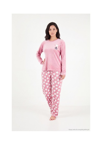 Lela Desenli Yumuşak Dokulu Uzun Kollu Pijama Takımı Kadın Pijama Takımı 65750155 Pudra