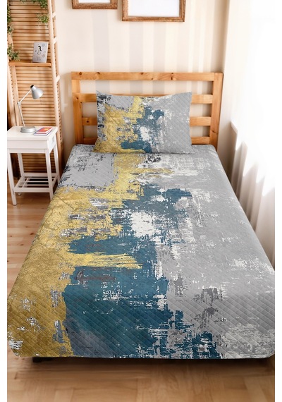 Geometrik Gri Mavi Genç Odası Tek Kişilik Pike Takımı-altın Modern 160x220 Cm Kapitone Yatak Örtüsü Kırık Kil Dokusu