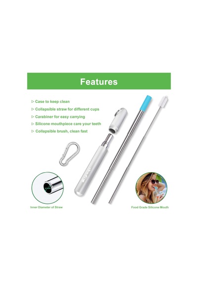 4'lü Tekrar Kullanılabilir Pipet Seti, Paslanmaz Çelik Pipet, Metal Pipet, Metal Kasalı, Anahtarlık, Temizleme Fır Diğer