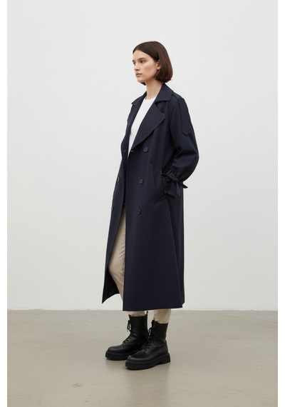 Durivya Kuşaklı Oversize Trençkot Lacivert
