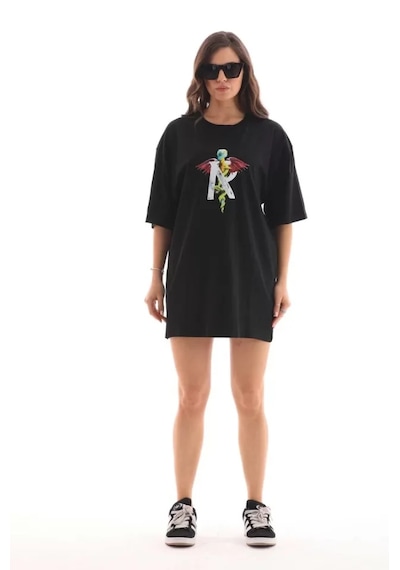 Modi Unisex Bisiklet Yaka Baskılı Oversize T-shirt - Siyah - Mymg112563