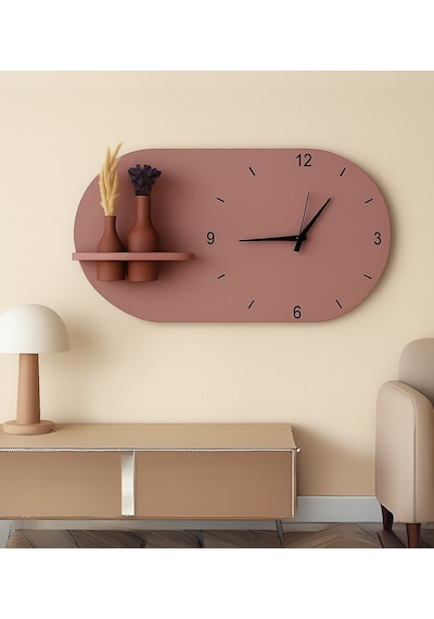 Modern Tasarım Raflı Nera Duvar Saati 75x45 Gül Kurusu