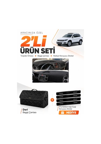 Volkswagen Tiguan 2007-2015 Uyumlu Torpido Örtüsü + Deri Bagaj Çantası + Sticker Seti - Siyah