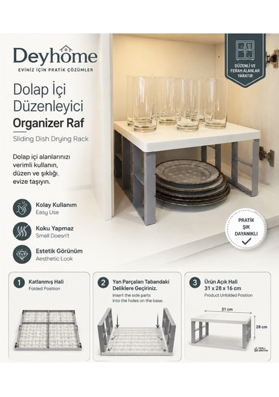 Dolap İçi Düzenleyici Organizer Raf 31x28x16 Cm Katlanabilir Mutfak Dolap Rafı Tabak, Bardak, Kupa Ve Mutfak Eşyası Düzenleme Standı 7009