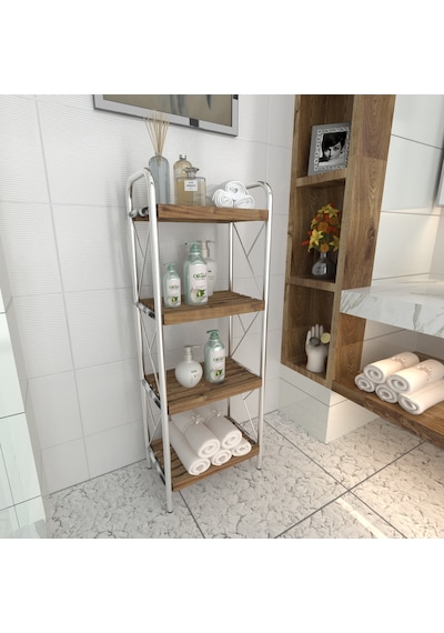 Sahra Krom 4 Katlı Ahşap Raf Banyo Köşe Rafı Düzenleyici Organize Krom