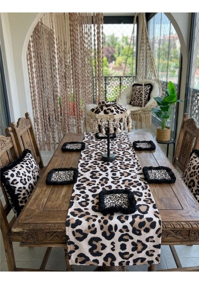 Missidea Leoparda Masaüstü Dekor Seti Ledli Şemsiye+2 Adet Kırlent+runner Ve 6 Adet Peçete Renkli