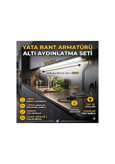 120 Cm 48w Mutfak Tezgah Aydınlatması ,beyaz Anahtarlı Kablolu Set,led İnce Bant Armatür Led Tak Çalıştır Diğer