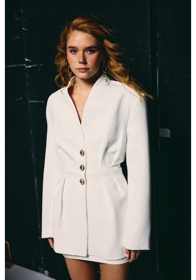 Sateen Gold Düğmeli Uzun Ceket - Ekru-136772 Ekru