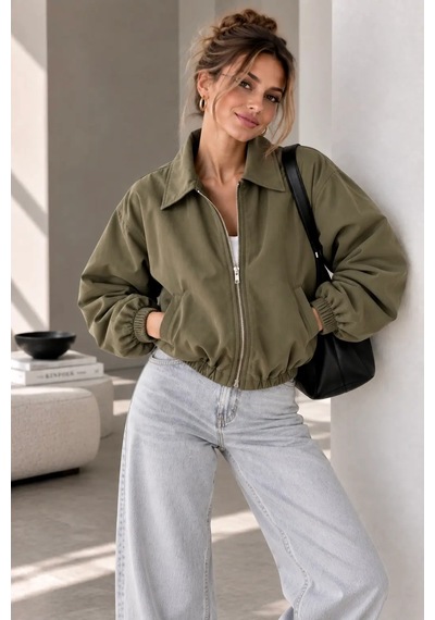 Bb Butik Basic Mevsimlik Fermuarlı Bomber Ceket Oversize Rahat Kalıp Fs3434 Haki