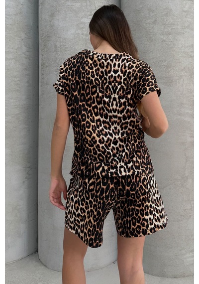 Lesa Wear Yüksel Bel Bol Kesim Keten Görünümlü Çift Cepli Şort Leopar