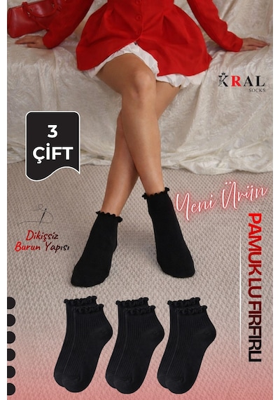 Kral Socks 3 Çift Pamuklu Fırfırlı Kadın Patik Çorap Dikişsiz Burun Siyah
