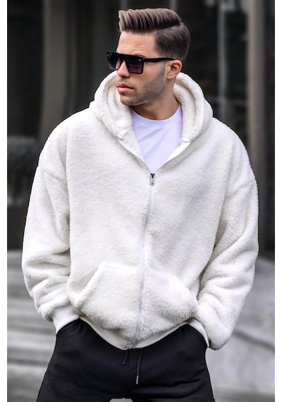 Madmext Ekru Peluş Over Fit Kapüşonlu Fermuarlı Erkek Sweatshirt 6049 Ekru