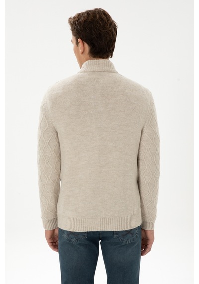 U.S. Polo Assn. Erkek Regular Fit Yarım Fermuarlı Desenli Taş Kazak 50315035-VR049