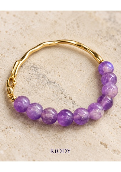 Riody Onde Violette Mor Yuvarlak Boncuklu Gold Renkli Dalgalı Metal Detaylı Zarif Kadın Bileklik Açık Mor