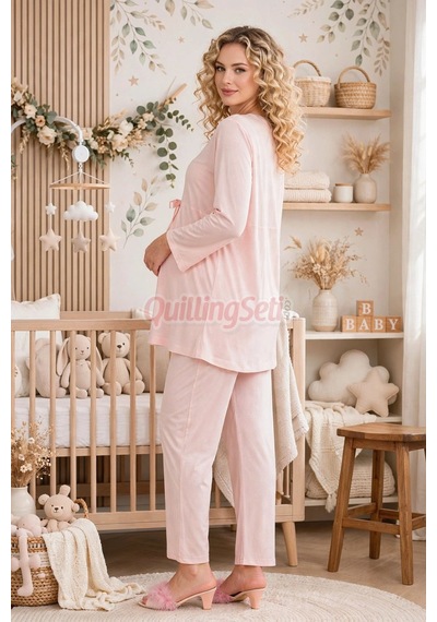 Lady Bebe Pembe Renkli, Dantel Detaylı 33209 Uzun Kol, 2 Parça Lohusa Hamile Pijama Takımı Açık Pembe