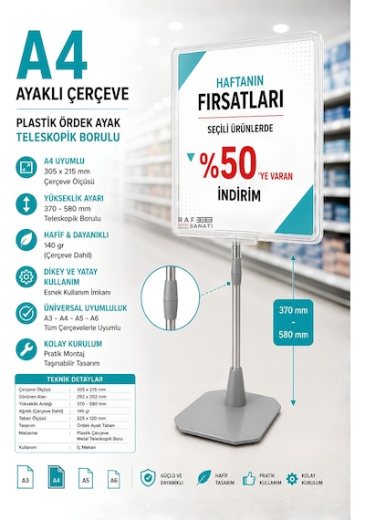 A4 Ayaklı Fiyat Etiketlik Teleskopik Borulu Çerçeve Etiketlik Yönlendirme Levhası Menü Panosu Şeffaf