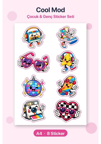 Cool Mod 8 Adet Renkli Sticker Çıkartma Seti A4 Laptop Ve Defter İçin Çok Renkli