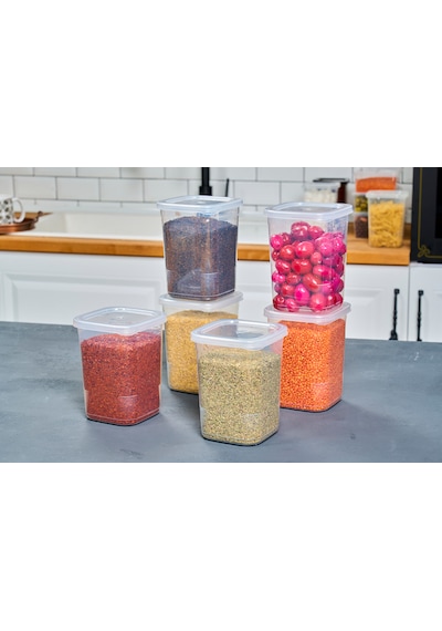 Superpup 12'li Kendinden Kapaklı Kare Saklama Kabı Seti Erzak, Baharat Seti 1150 Ml Beyaz - Şeffaf