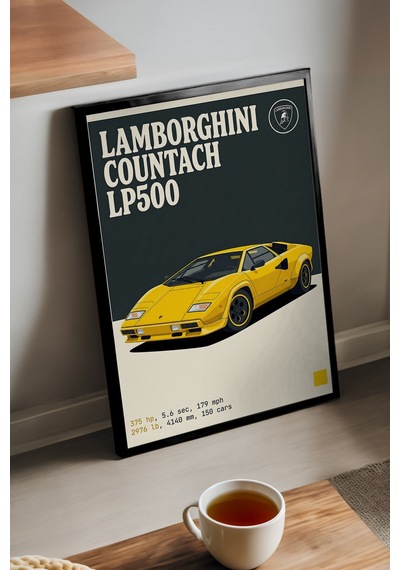 Lamborghini Countach Lp500 Siyah Ahşap Çerçeveli Poster, Dekoratif Araba Duvar Tablosu