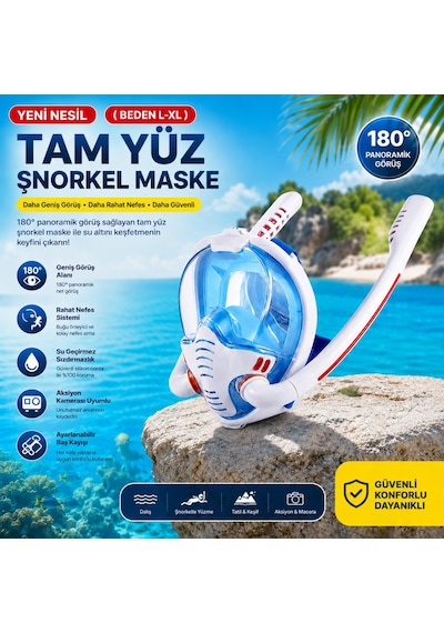 Hymark Çift Tüplü Şnorkel Maskesi L-xl Beden Tam Kuru Dalış Yüzme Maskesi Full Face Dalış Gözlüğü Beyaz - Mavi