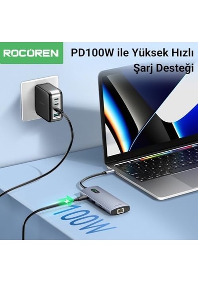 8 Portlu 4k 30hz Gigabit Ethernet Sd Tf Kart Okuyuculu 3 Usb3.0 Pd 100w Destekli Hub Çoklayıcı