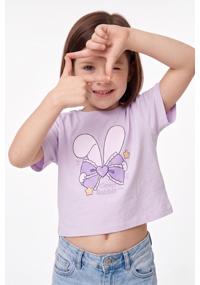 Fullamoda Fiyonk Baskılı Crop Kız Çocuk Tişört Lila